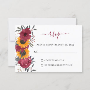 Elegant Rustic Sunflower Floral Burgundy Wedding RSVP Card