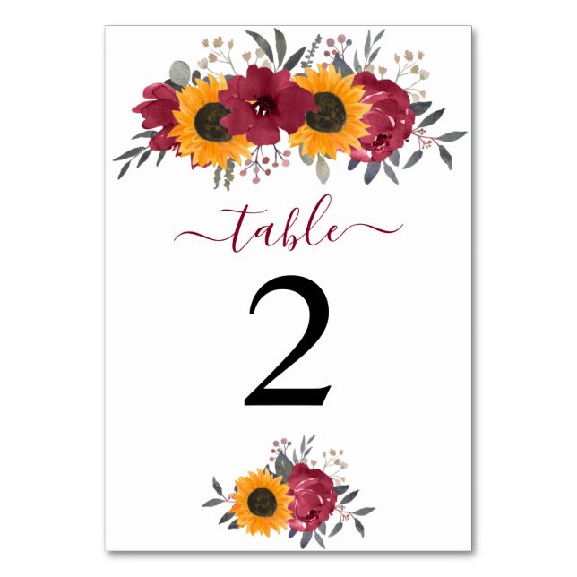 Elegant Rustic Sunflower Floral Burgundy Wedding Table Number (Front)