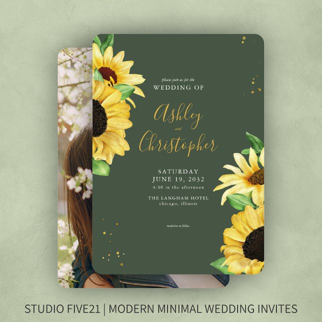 Elegant Rustic Sunflower Green Photo Wedding Invitation (Creator Uploaded)