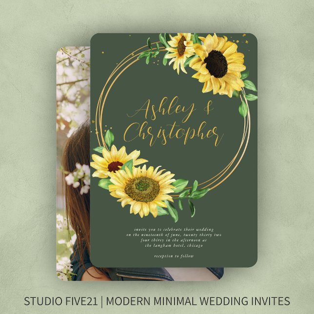 Elegant Rustic Sunflower Moss Green Photo Wedding Invitation (Creator Uploaded)