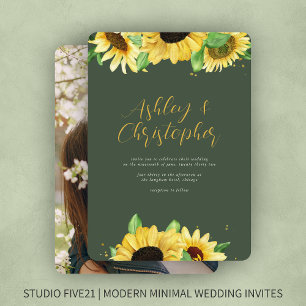 Elegant Rustic Sunflower Moss Green Photo Wedding Invitation