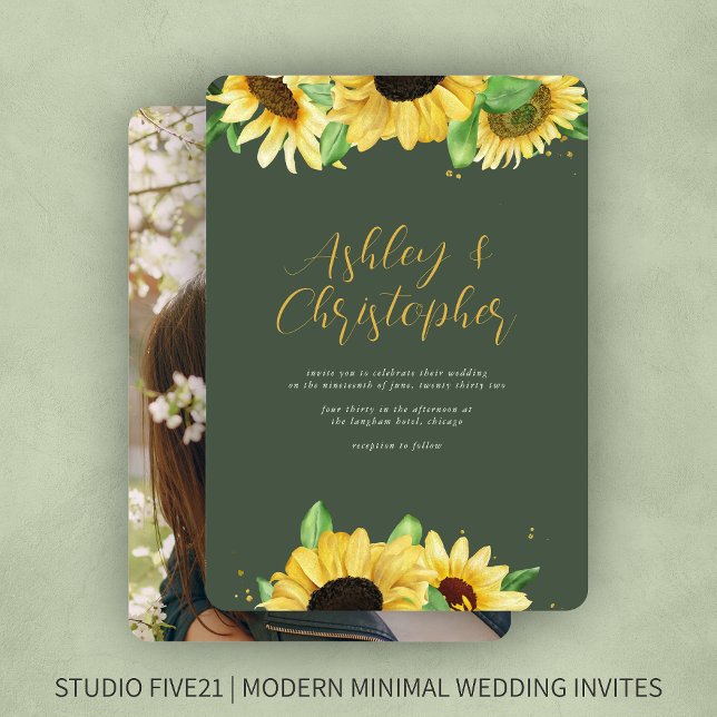 Elegant Rustic Sunflower Moss Green Photo Wedding Invitation (Creator Uploaded)