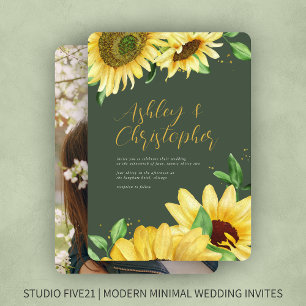 Elegant Rustic Sunflower Moss Green Photo Wedding Invitation