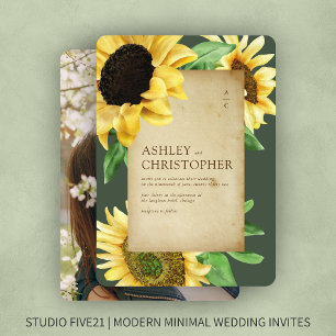 Elegant Rustic Sunflower Moss Green Photo Wedding Invitation