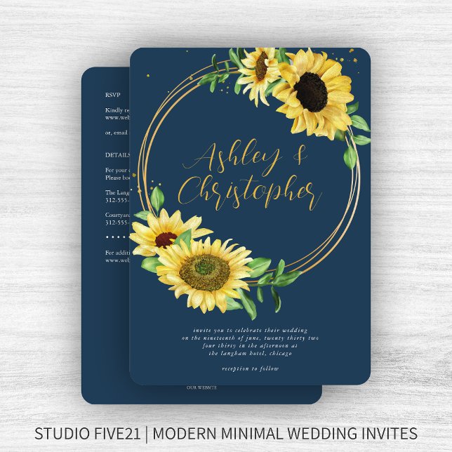 Elegant Rustic Sunflower Navy All-in-One Wedding Invitation (Creator Uploaded)