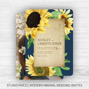 Elegant Rustic Sunflower Navy Blue Photo Wedding Invitation
