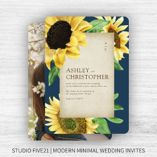 Elegant Rustic Sunflower Navy Blue Photo Wedding Invitation
