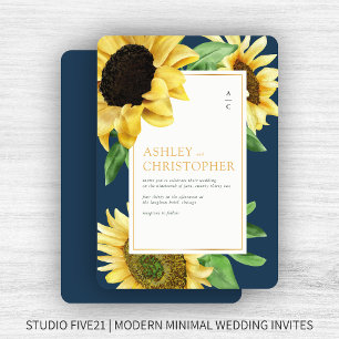 Elegant Rustic Sunflower Navy Blue Wedding Invitation