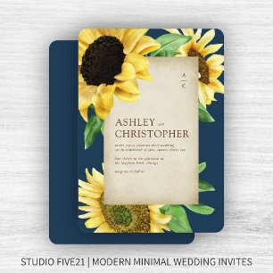 Elegant Rustic Sunflower Navy Blue Wedding Invitation