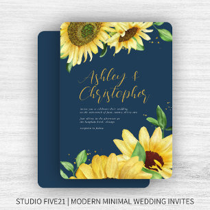 Elegant Rustic Sunflower Navy Wedding Invitation