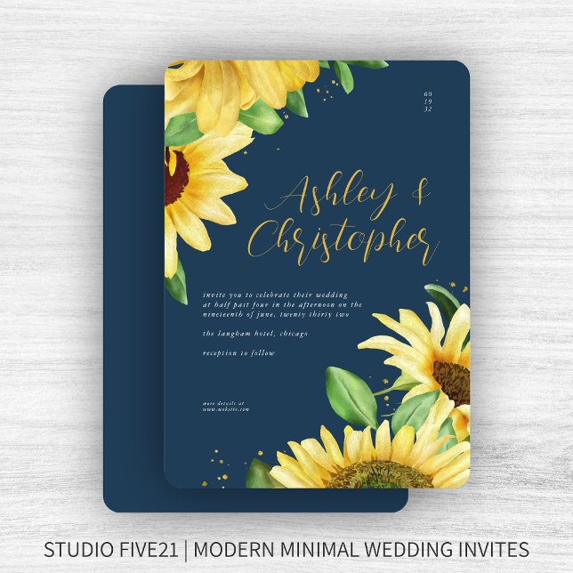 Elegant Rustic Sunflower Navy Wedding Invitation (Creator Uploaded)