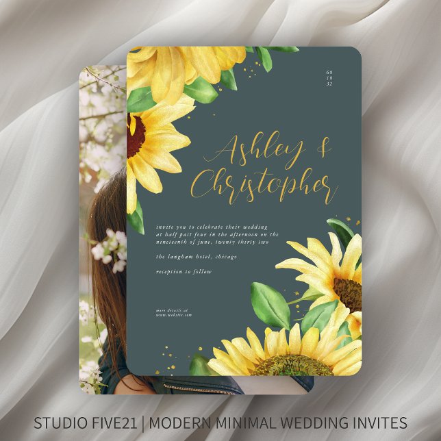 Elegant Rustic Sunflower Slate Grey Photo Wedding Invitation (Creator Uploaded)