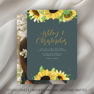 Elegant Rustic Sunflower Slate Grey Photo Wedding Invitation