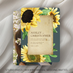 Elegant Rustic Sunflower Slate Grey Photo Wedding Invitation
