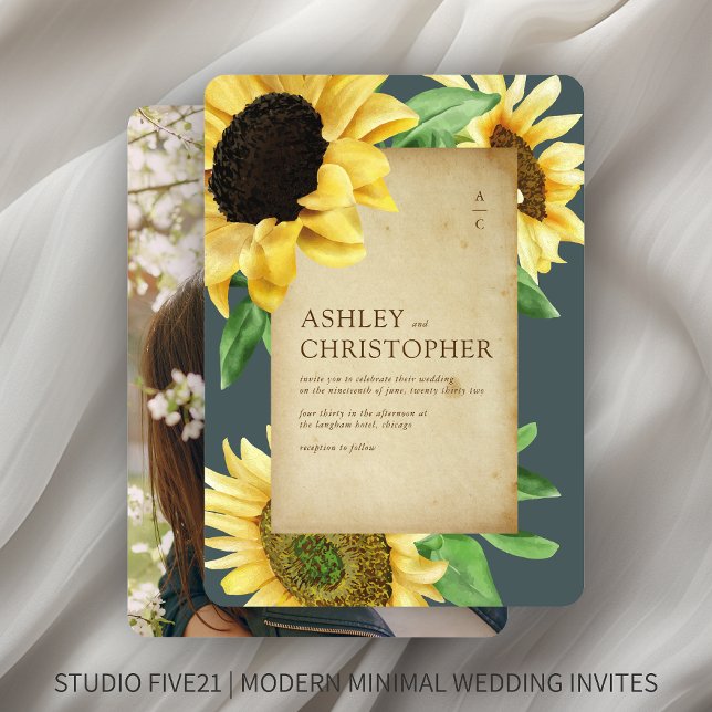 Elegant Rustic Sunflower Slate Grey Photo Wedding Invitation (Creator Uploaded)