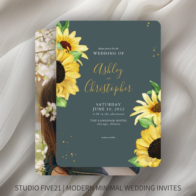 Elegant Rustic Sunflower Slate Photo Wedding Invitation (Creator Uploaded)