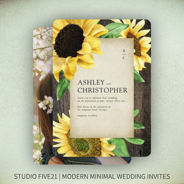 Elegant Rustic Sunflower Wood Photo Wedding Invitation (Creator Uploaded)
