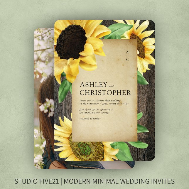 Elegant Rustic Sunflower Wood Photo Wedding Invitation (Creator Uploaded)