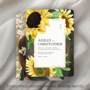 Elegant Rustic Sunflower Wood Photo Wedding Invitation