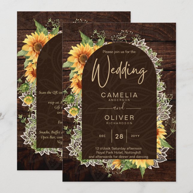 Elegant Rustic Sunflowers and Lace Wedding Invite (Front/Back)