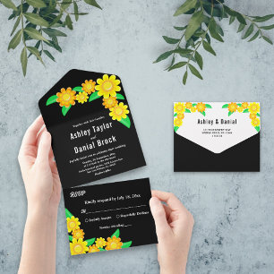 Elegant Rustic Sunflowers Black Floral Wedding All In One Invitation
