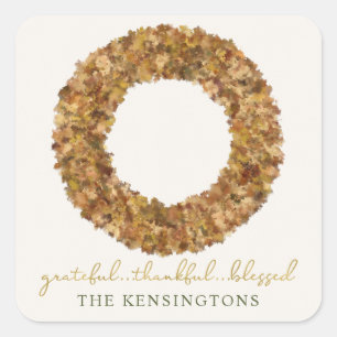Elegant Rustic Thanksgiving Wreath Autumn Leaves Square Sticker