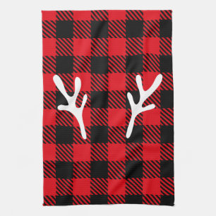 Elegant rustic trendy buffalo plaid red with deer  tea towel