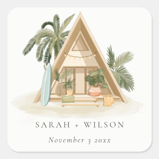 Elegant Rustic Tropical Palm Beach Shack Wedding Square Sticker (Front)