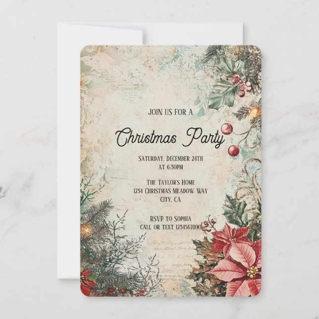 Elegant Rustic Vintage Christmas Party Invitation (Front)