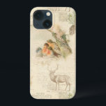 Elegant Rustic Vintage Christmas Woodland Collage iPhone 13 Mini Case<br><div class="desc">Lovely rustic vintage winter woodland ephemera collage featuring engraved stag,  pine,  text,  script,  postcard graphics and sweet nesting robins on aged distressed sepia parchment background.</div>
