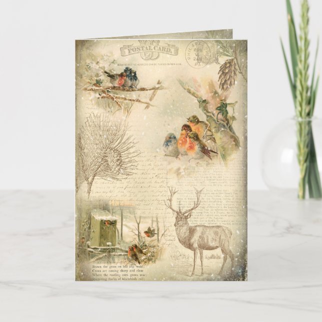 Elegant Rustic Vintage Christmas Woodland Collage Holiday Card (Front)