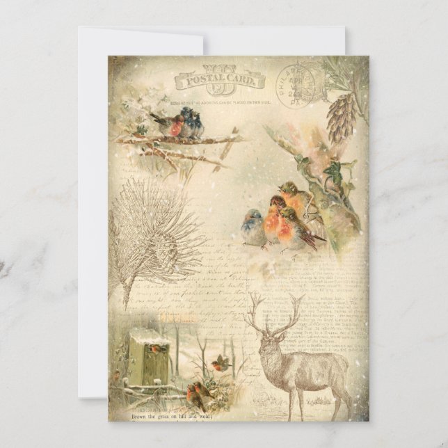 Elegant Rustic Vintage Christmas Woodland Collage Holiday Card (Front)