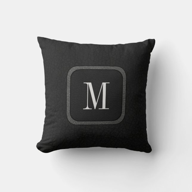 Elegant Rustic Vintage Leather Black Grey Monogram Cushion (Front)