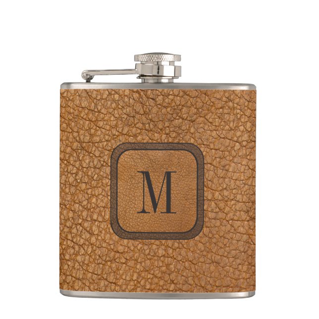 Elegant Rustic Vintage Modern Leather Monogram Hip Flask (Front)