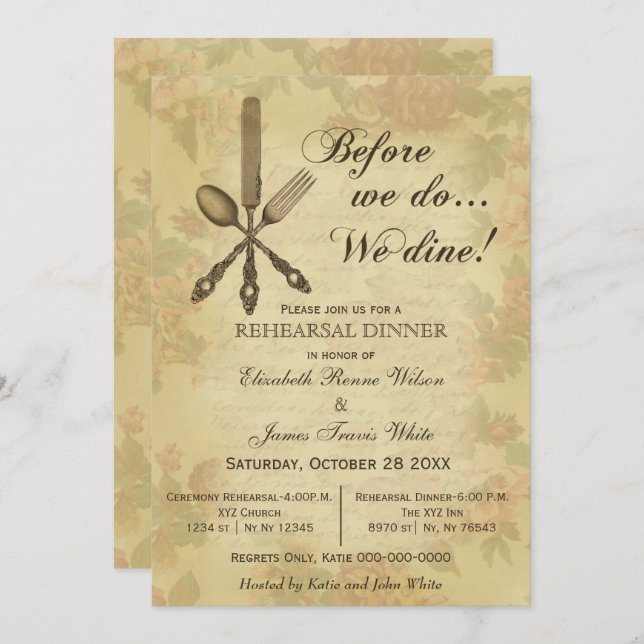 Elegant Rustic Vintage rehearsal dinner invites (Front/Back)