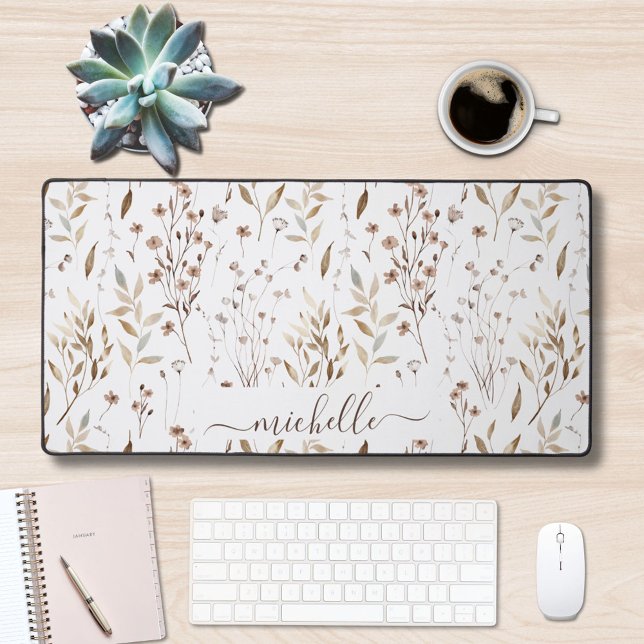 Elegant Rustic Watercolor Brown Flowers Leaves Desk Mat (In situ)