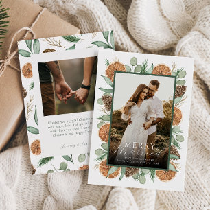 Elegant Rustic Watercolor Dried Greenery Newlywed Holiday Card