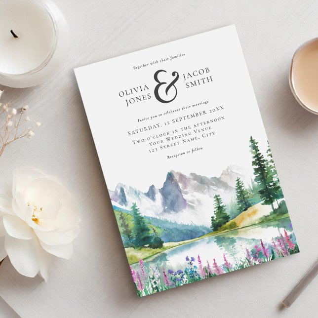 Elegant Rustic Watercolor Mountain Wedding  Invitation (Creator Uploaded)