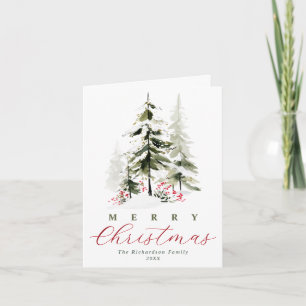 Elegant Rustic Watercolor Pine Trees Christmas Holiday Card