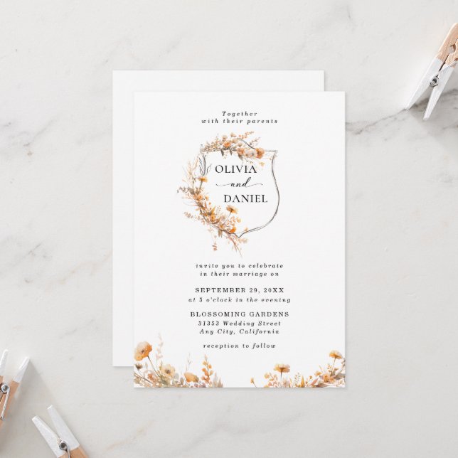 Elegant Rustic Whimsical Wildflowers Wedding  Invitation (Front/Back In Situ)