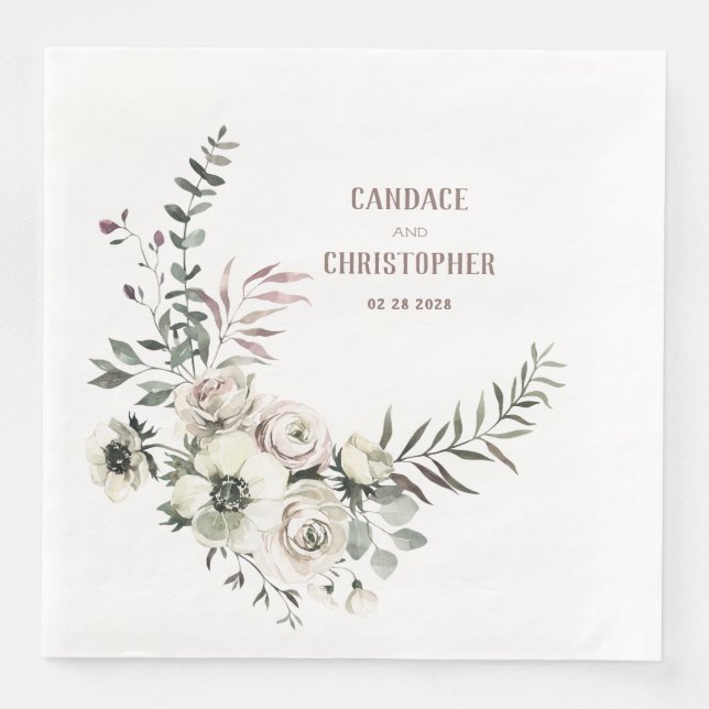 Elegant Rustic White Anemone Blush Rose Eucalyptus Napkin (Front)