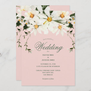 Elegant Rustic White Daisies Modern Pink Wedding Invitation