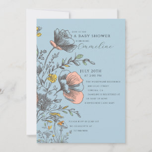 Elegant Rustic Wildflower Blue Baby Shower  Invitation