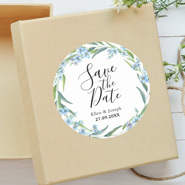 Elegant Rustic Wildflower Wedding Save The Date Classic Round Sticker (Elegant wildflower sticker makes wedding announcements feel personal and beautifully styled.)