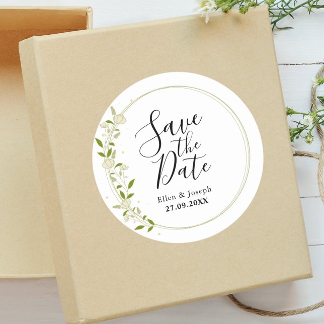 Elegant Rustic Wildflower Wedding Save The Date Classic Round Sticker (Creator Uploaded)