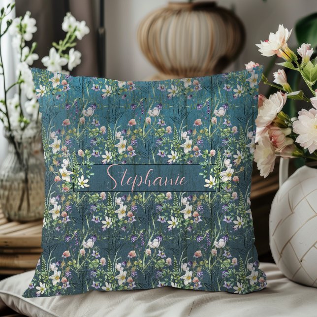 Elegant Rustic Wildflowers On Teal Wood Monogram Cushion (Creator Uploaded)