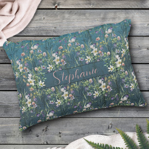 Elegant Rustic Wildflowers On Teal Wood Monogram Decorative Cushion