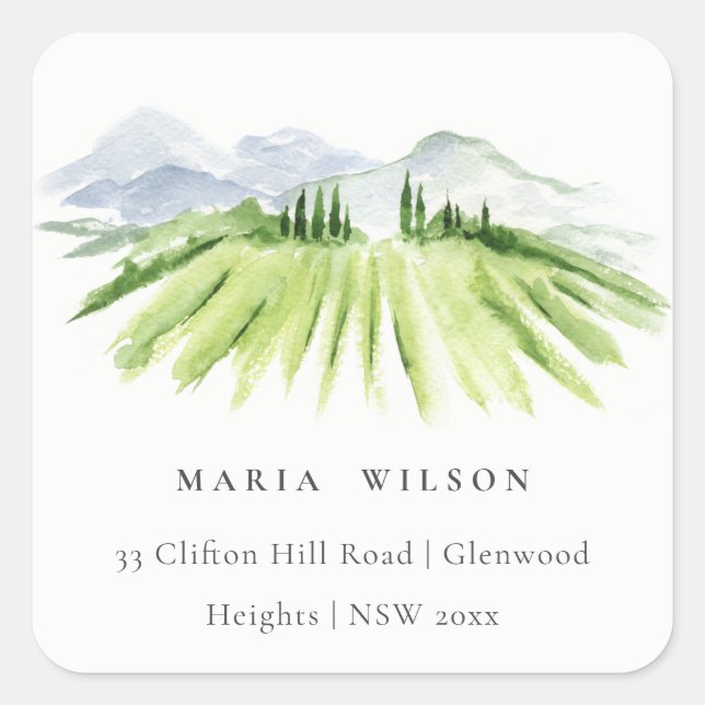 Elegant Rustic Winery Vineyard Mountain Address Square Sticker (Front)