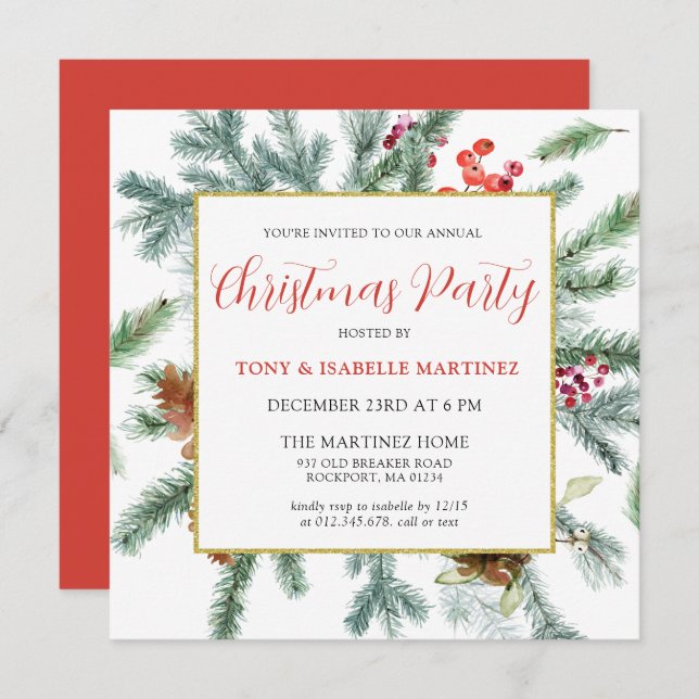 Elegant Rustic Winter Botanical Christmas Party In Invitation (Front/Back)