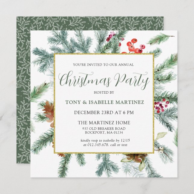 Elegant Rustic Winter Botanical Christmas Party Invitation (Front/Back)